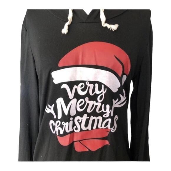 OverMal Holiday “Very Merry Christmas” Hooded Black Long Sleeve Tee, Size XS - Picture 3 of 9